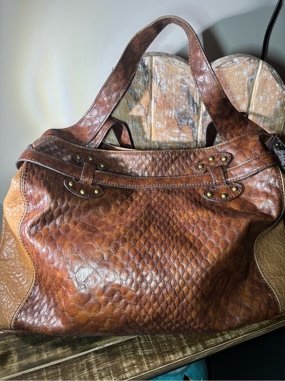 Jessica Simpson Reptilian Brown Textured Faux Leather Satchel Handbag Vegan Bag - Picture 7 of 15